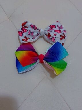 Girls Butterfly Print and Rainbow Hair Bow Set - White & Multicolor